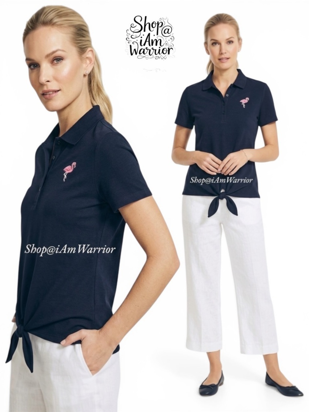 Talbots navy tie waist polo shirt with embroidered flamingo *shop@iamwarrior